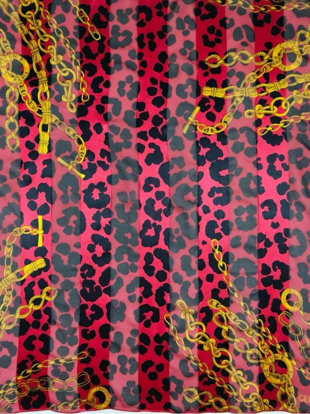 Celine Red & Black Leopard Chain Silk Scarf - Picture 2 of 7